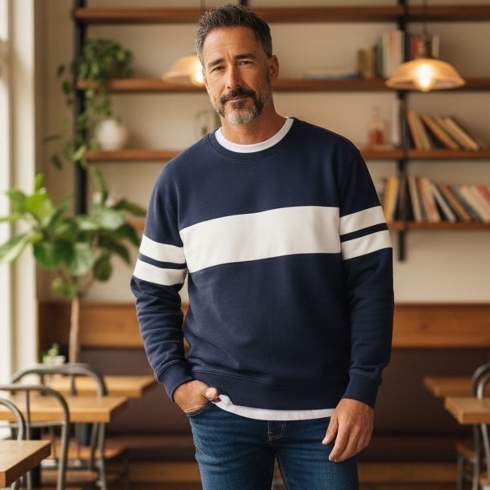 J Crew Always Mens Navy Blue White Stripe Crewneck Sweatshirt M‎